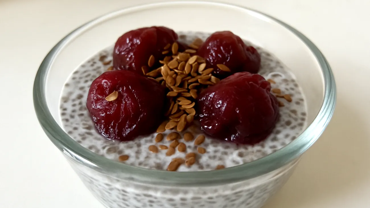 Chiasamen-Kefir-Pudding mit fermentierten Pflaumen und Leinsamen"