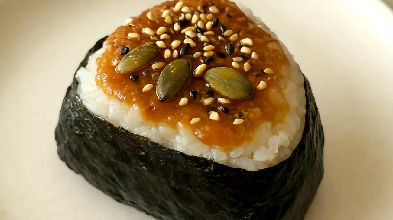 Miso-Nori-Onigiri mit Sesam und gerösteten Kürbiskernen"