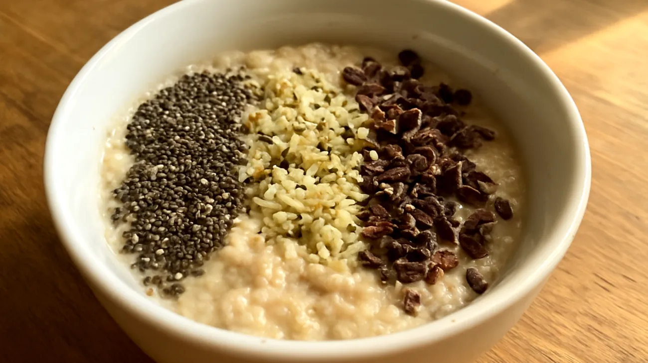 Overnight Oats mit Chiasamen, Hanfherzen und Kakao-Nibs"